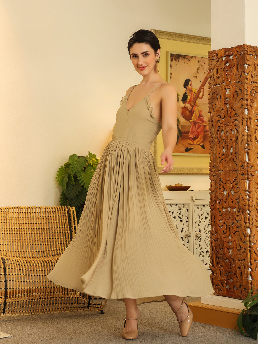 Grey Solid V-Neck Dress For Women