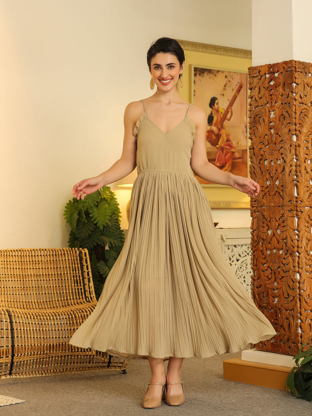 Grey Solid V-Neck Dress For Women