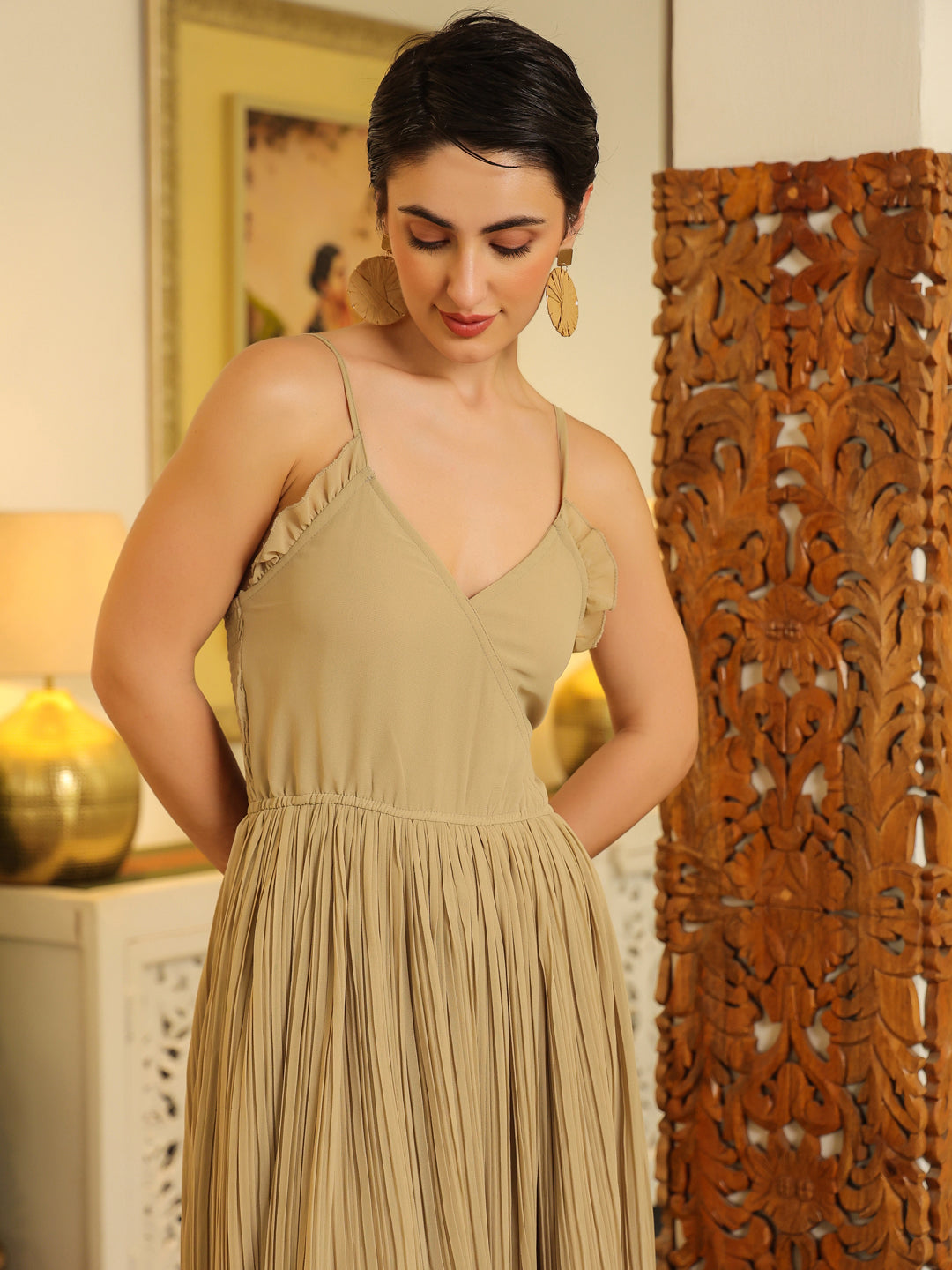 Grey Solid V-Neck Dress For Women