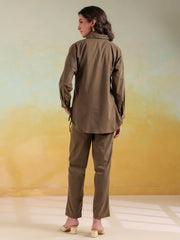 Camel Brown Color Shirt Collar Solid co-ords set for women - SanskrutiHomes 