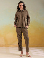 Camel Brown Color Shirt Collar Solid co-ords set for women - SanskrutiHomes 