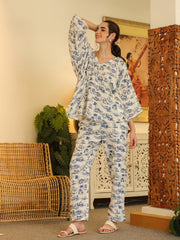 White V-Neck Pure Cotton Top Printed Co-ords Set for Women - SanskrutiHomes 
