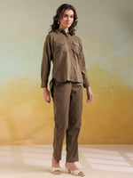 Camel Brown Color Shirt Collar Solid co-ords set for women - SanskrutiHomes 
