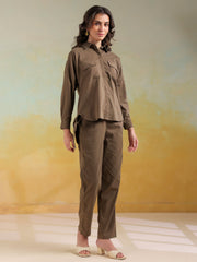 Camel Brown Color Shirt Collar Solid co-ords set for women - SanskrutiHomes 