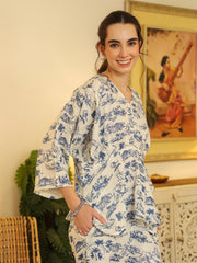 White V-Neck Pure Cotton Top Printed Co-ords Set for Women - SanskrutiHomes 