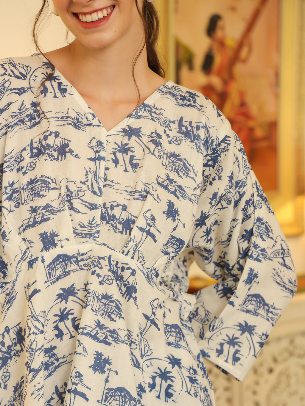 White V-Neck Pure Cotton Top Printed Co-ords Set for Women - SanskrutiHomes 