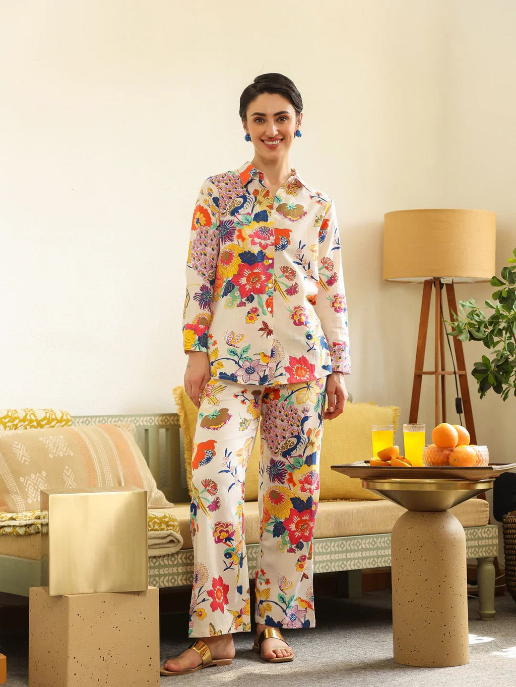 Off White Shirt Collar Pure Cotton Shirt Printed Co-ords Set for Women - SanskrutiHomes 