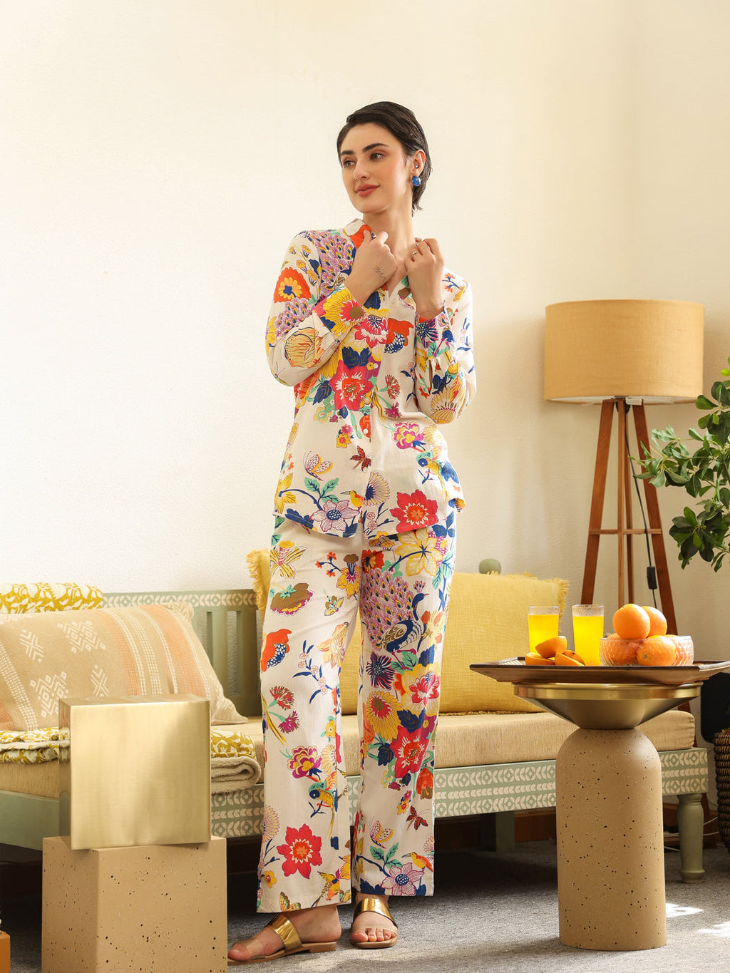 Off White Shirt Collar Pure Cotton Shirt Printed Co-ords Set for Women - SanskrutiHomes 