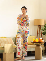 Off White Shirt Collar Pure Cotton Shirt Printed Co-ords Set for Women - SanskrutiHomes 