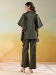 Olive Color Shirt Collar Denim Co-Ords Set For Women
