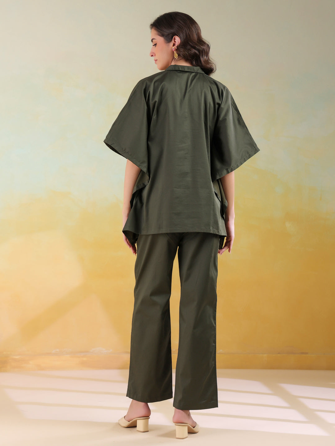 Olive Color Shirt Collar Denim Co-ords Set for Women - SanskrutiHomes 