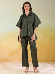 Olive Color Shirt Collar Denim Co-ords Set for Women - SanskrutiHomes 