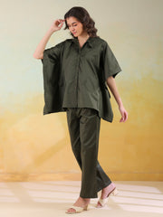 Olive Color Shirt Collar Denim Co-Ords Set For Women