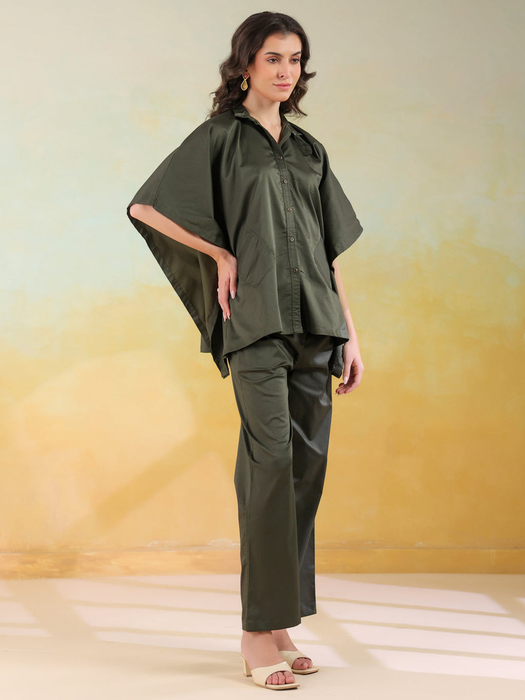 Olive Color Shirt Collar Denim Co-ords Set for Women - SanskrutiHomes 