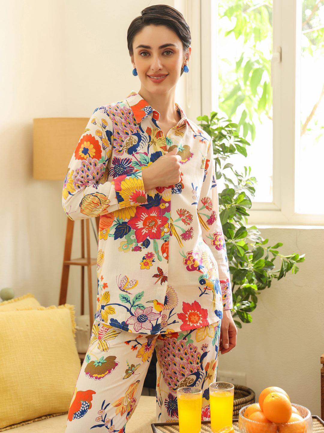 Off White Shirt Collar Pure Cotton Shirt Printed Co-ords Set for Women - SanskrutiHomes 