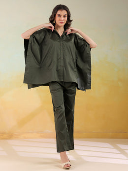Olive Color Shirt Collar Denim Co-Ords Set For Women