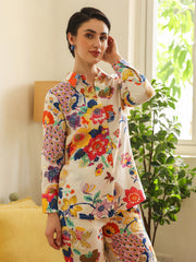 Off White Shirt Collar Pure Cotton Shirt Printed Co-Ords Set For Women