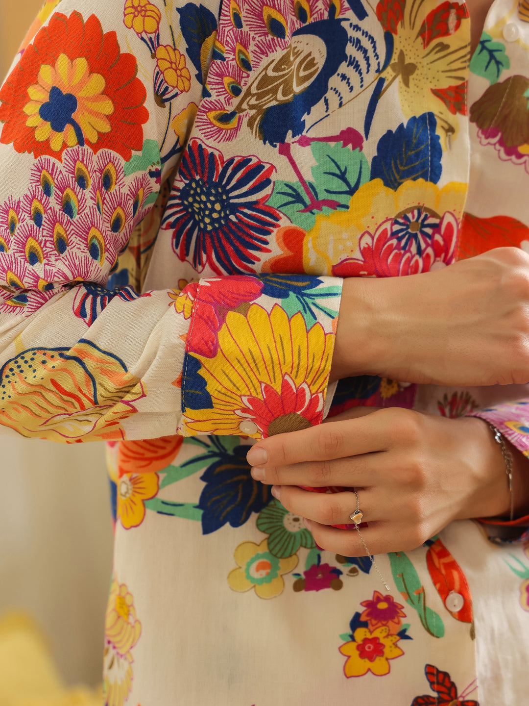 Off White Shirt Collar Pure Cotton Shirt Printed Co-ords Set for Women - SanskrutiHomes 