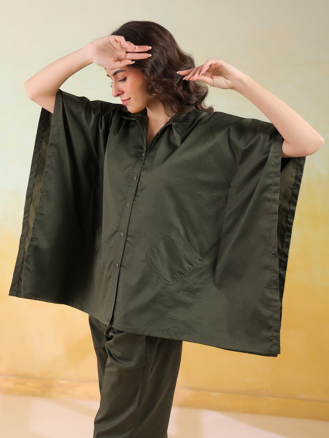Olive Color Shirt Collar Denim Co-ords Set for Women - SanskrutiHomes 