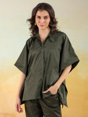 Olive Color Shirt Collar Denim Co-Ords Set For Women