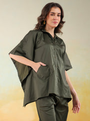 Olive Color Shirt Collar Denim Co-Ords Set For Women
