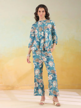 Blue Color Mandarin Collar Printed co-ords set for women - SanskrutiHomes 