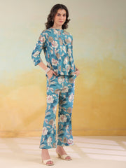 Blue Color Mandarin Collar Printed co-ords set for women - SanskrutiHomes 