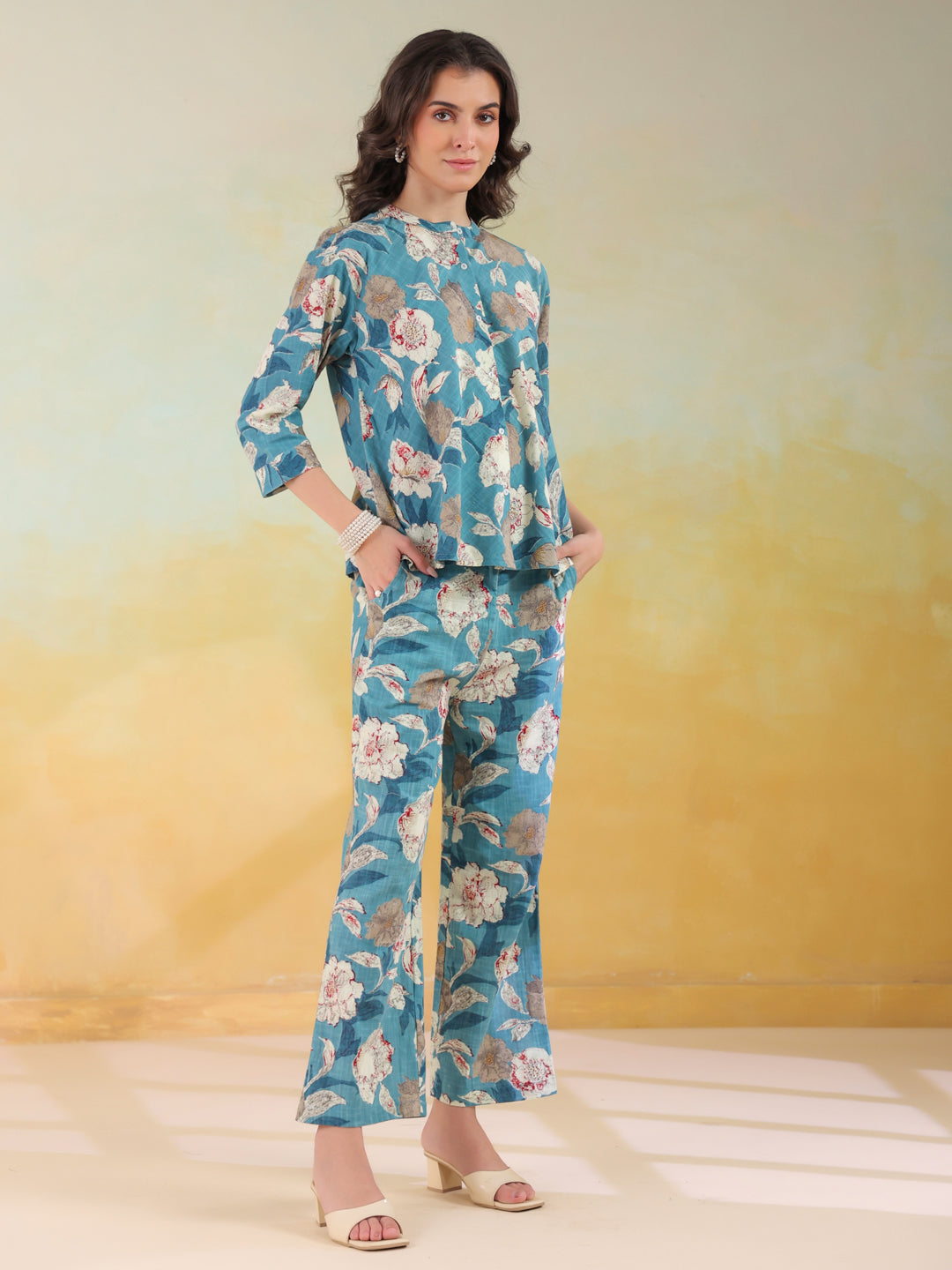 Blue Color Mandarin Collar Printed co-ords set for women - SanskrutiHomes 