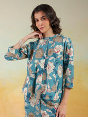 Blue Color Mandarin Collar Printed Co-Ords Set For Women