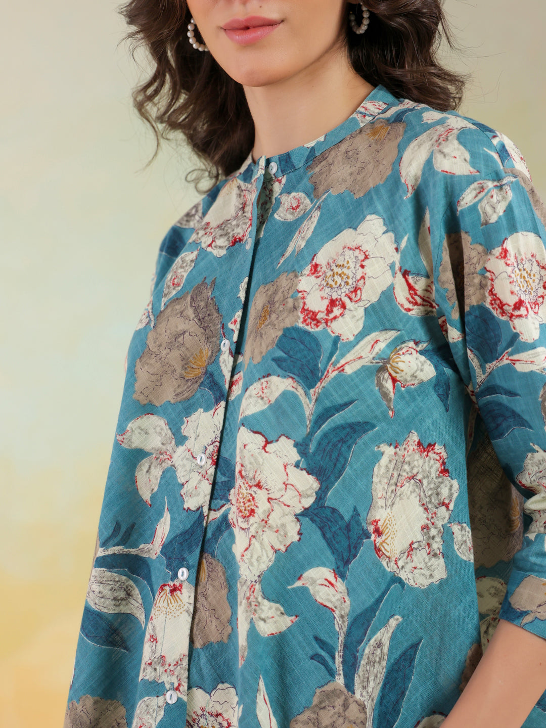 Blue Color Mandarin Collar Printed co-ords set for women - SanskrutiHomes 