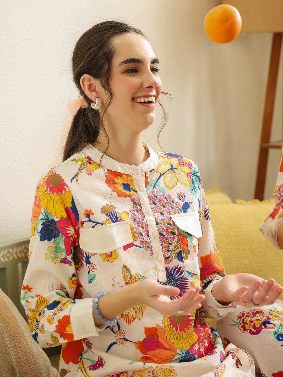 Blue Color Mandarin Collar Printed co-ords set for women - SanskrutiHomes 