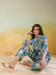 Blue Color Mandarin Collar Printed Co-Ords Set For Women