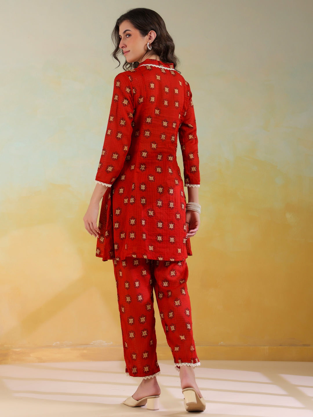 Red V-Neck Pure Cotton Printed Co-ords Set for Women - SanskrutiHomes 