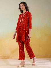Red V-Neck Pure Cotton Printed Co-Ords Set For Women