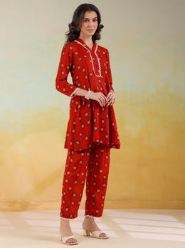 Red V-Neck Pure Cotton Printed Co-Ords Set For Women