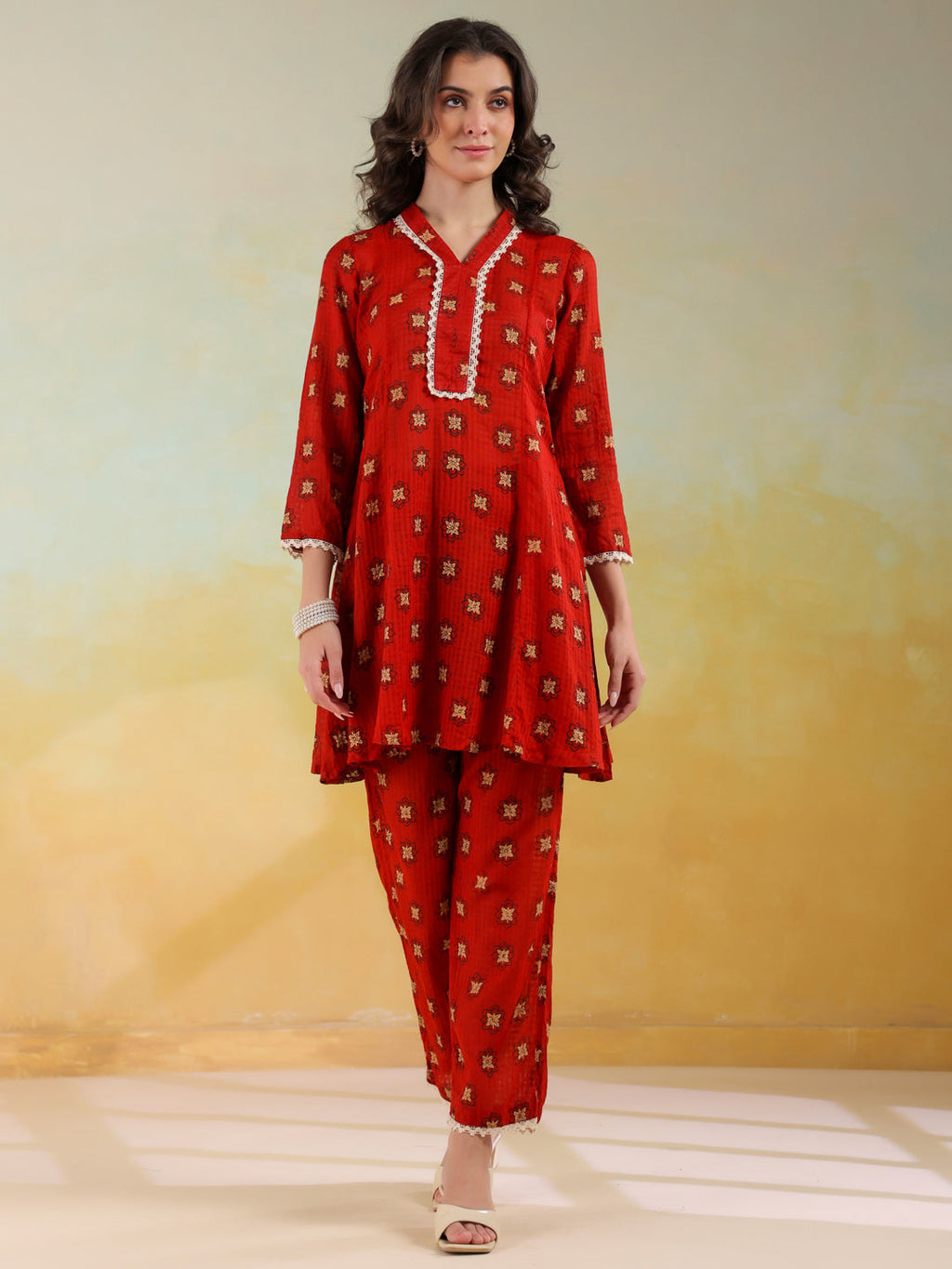Red V-Neck Pure Cotton Printed Co-ords Set for Women - SanskrutiHomes 