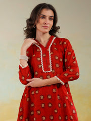 Red V-Neck Pure Cotton Printed Co-Ords Set For Women
