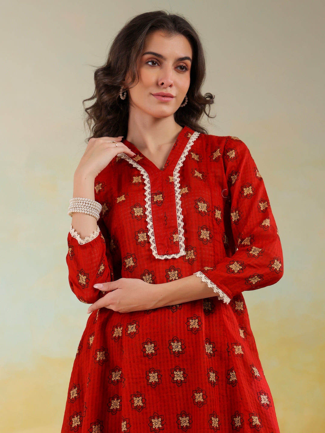 Red V-Neck Pure Cotton Printed Co-ords Set for Women - SanskrutiHomes 