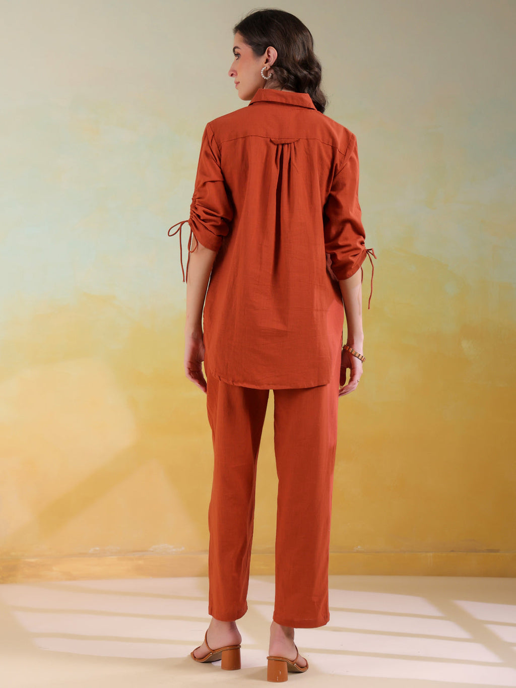 Rust Color Shirt Collar Solid co-ords set for women - SanskrutiHomes 