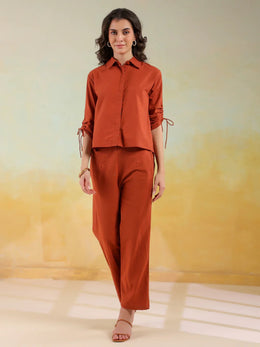 Rust Color Shirt Collar Solid co-ords set for women - SanskrutiHomes 