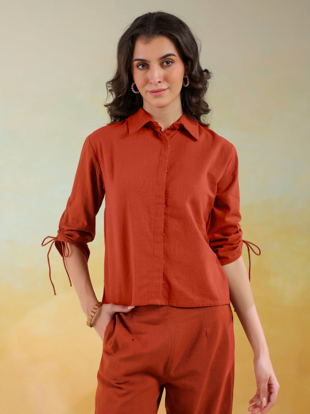 Rust Color Shirt Collar Solid co-ords set for women - SanskrutiHomes 