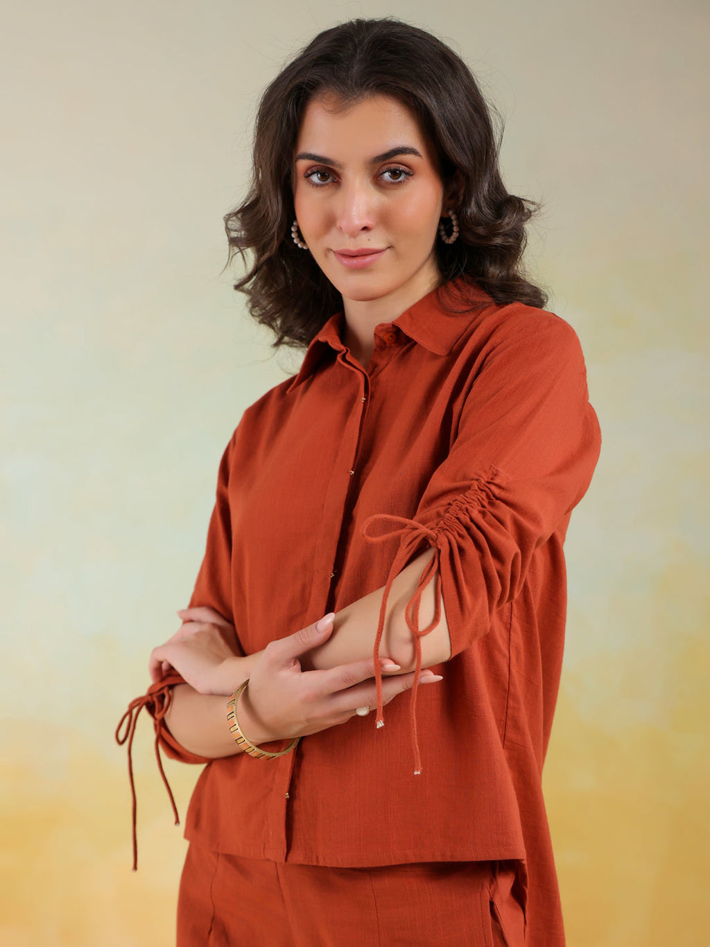 Rust Color Shirt Collar Solid co-ords set for women - SanskrutiHomes 