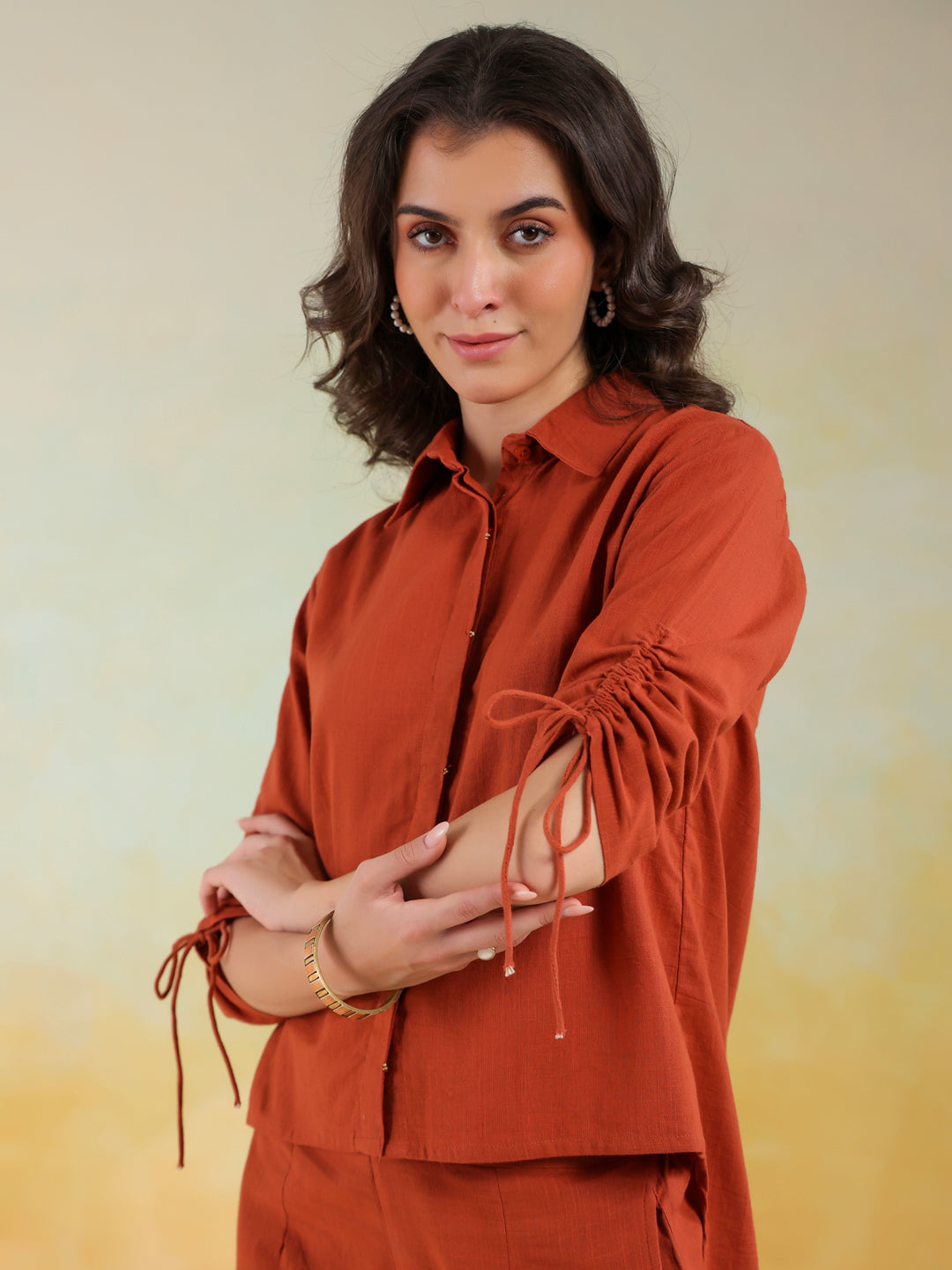 Rust Color Shirt Collar Solid co-ords set for women - SanskrutiHomes 