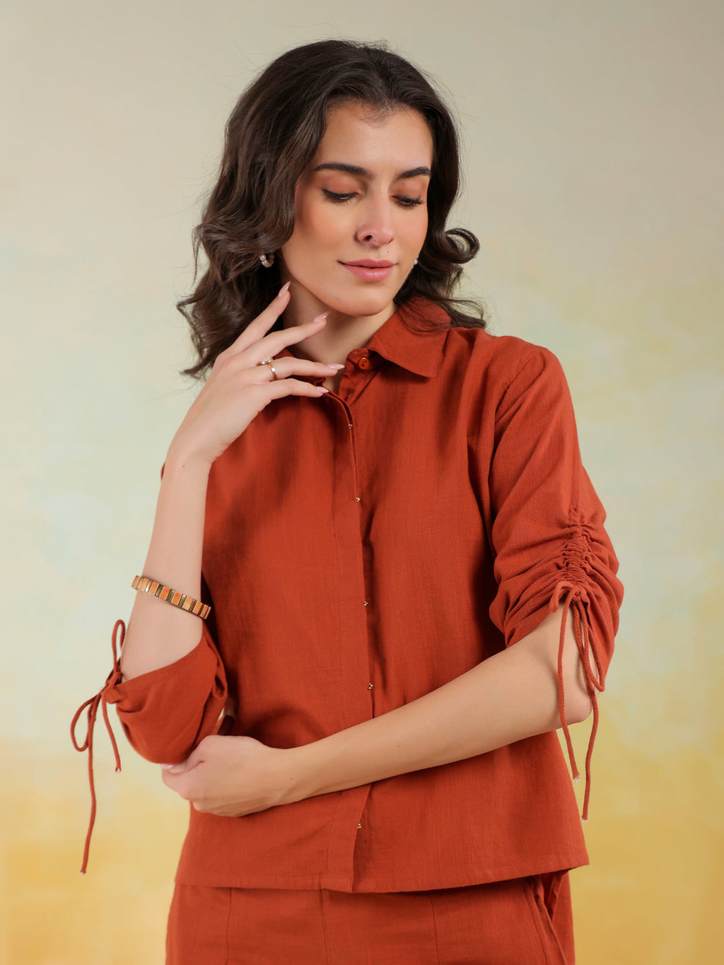 Rust Color Shirt Collar Solid co-ords set for women - SanskrutiHomes 