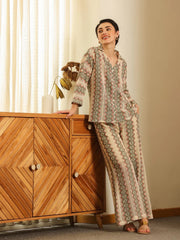 Cream Shirt Collar Cotton Blend Shirt Self Design Co-ords Set for Women - SanskrutiHomes 