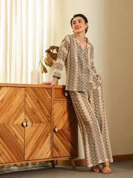 Cream Shirt Collar Cotton Blend Shirt Self Design Co-ords Set for Women - SanskrutiHomes 