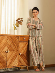Cream Shirt Collar Cotton Blend Shirt Self Design Co-ords Set for Women - SanskrutiHomes 