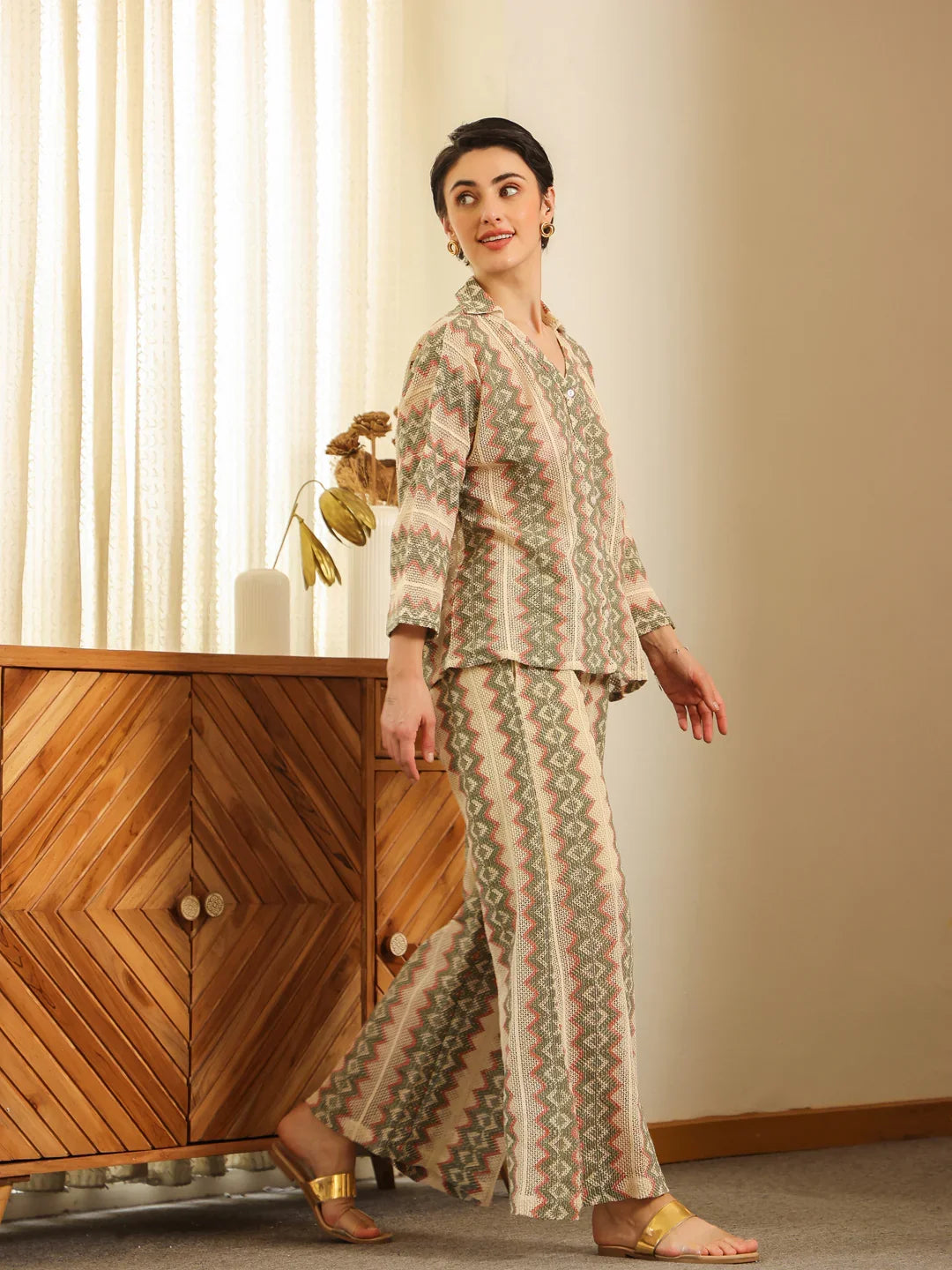 Cream Shirt Collar Cotton Blend Shirt Self Design Co-ords Set for Women - SanskrutiHomes 