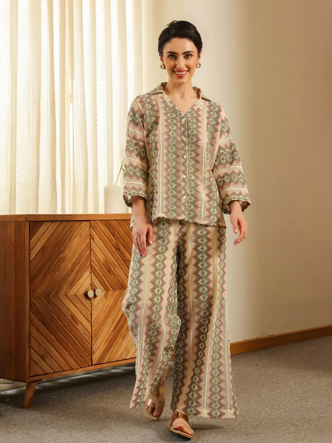 Cream Shirt Collar Cotton Blend Shirt Self Design Co-ords Set for Women - SanskrutiHomes 