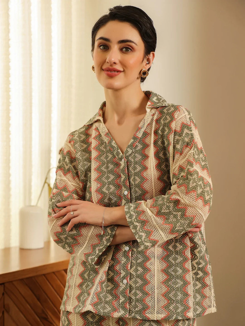 Cream Shirt Collar Cotton Blend Shirt Self Design Co-ords Set for Women - SanskrutiHomes 